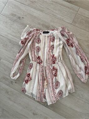 Off Shoulder Romper with Red Paisley Print